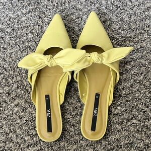 Zara Lemon Yellow Pointed Bow Backless Mules